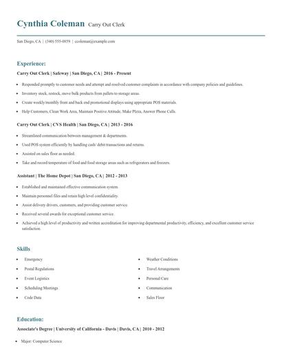 Carry Out Clerk Resume