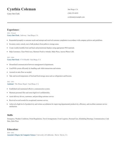 Carry Out Clerk Resume