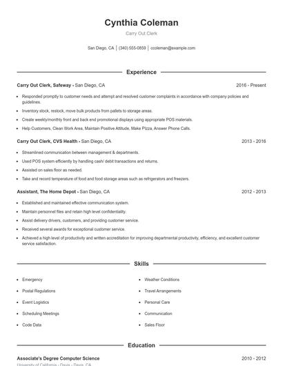 Carry Out Clerk Resume