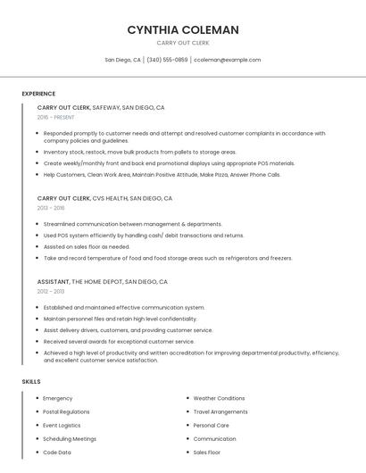 Carry Out Clerk Resume