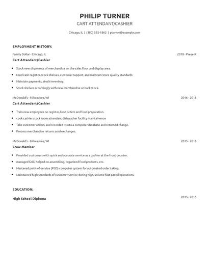 Cart Attendant/Cashier Resume
