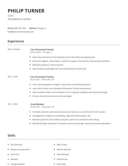 Cart Attendant/Cashier Resume