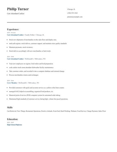 Cart Attendant/Cashier Resume