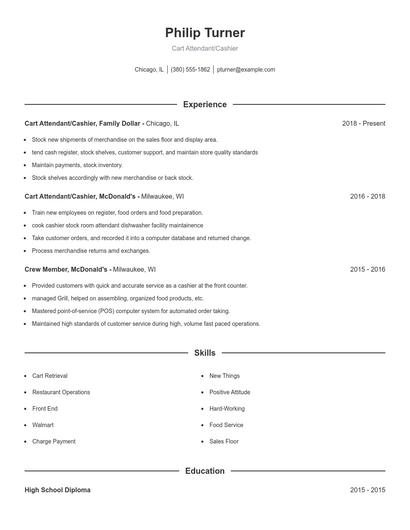 Cart Attendant/Cashier Resume