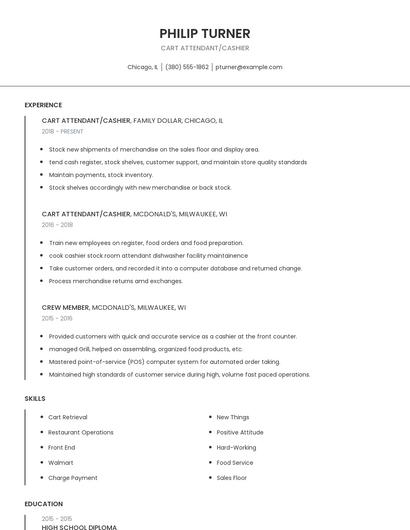 Cart Attendant/Cashier Resume