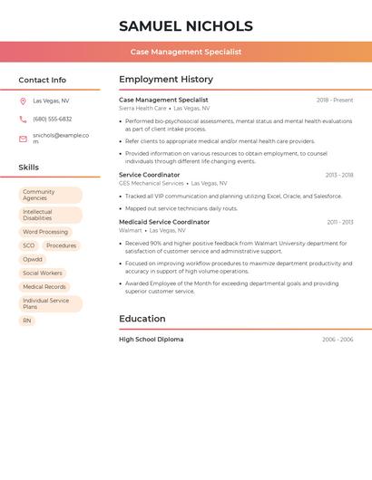 Case Management Specialist Resume