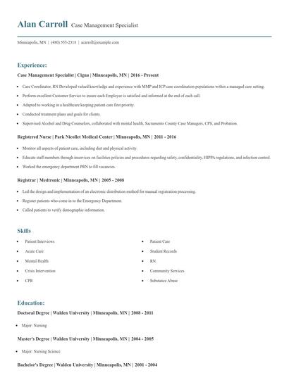 Case Management Specialist Resume