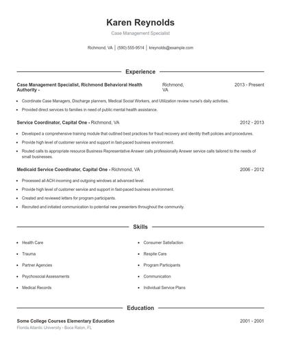 Case Management Specialist Resume