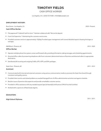 Cash Office Worker Resume