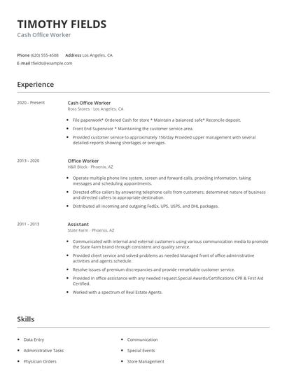 Cash Office Worker Resume