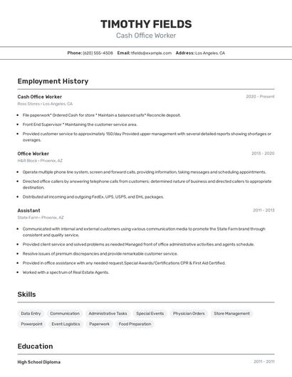 Cash Office Worker Resume