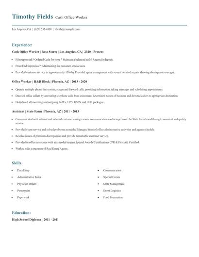 Cash Office Worker Resume