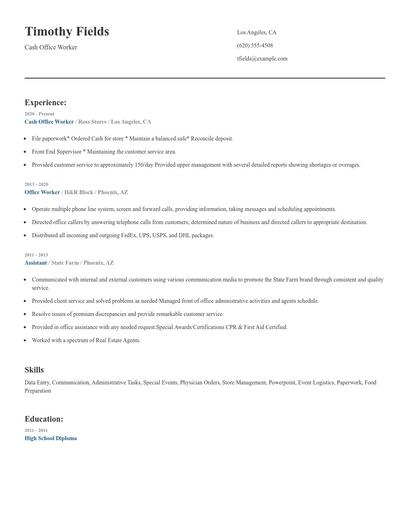 Cash Office Worker Resume