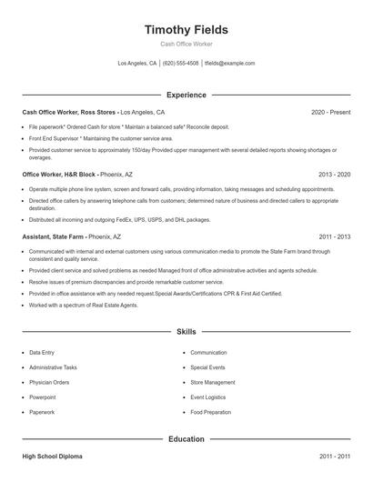 Cash Office Worker Resume