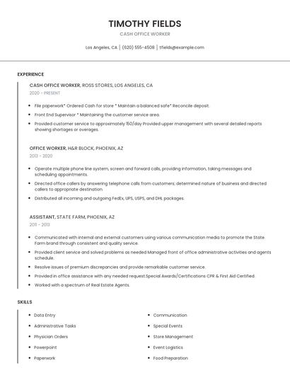 Cash Office Worker Resume