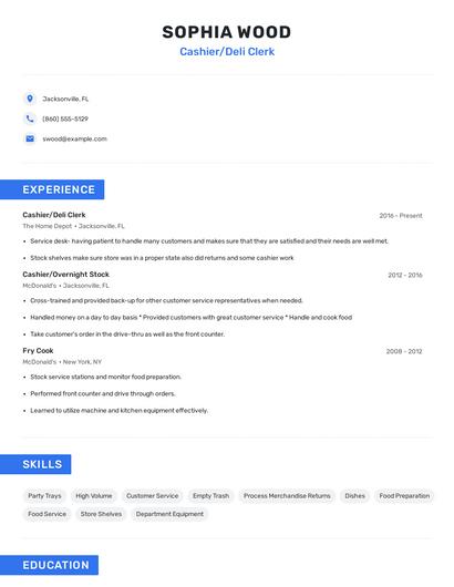 Cashier/Deli Clerk Resume