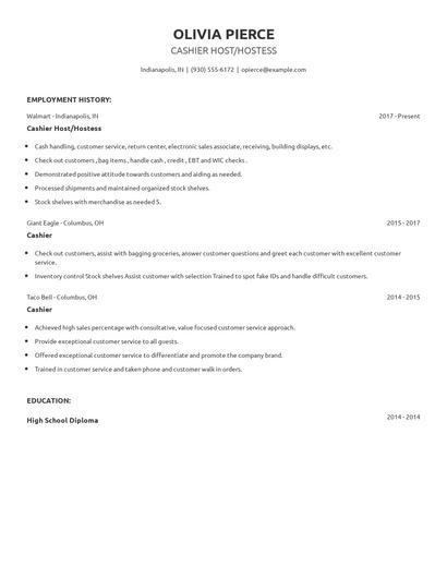 Cashier Host/Hostess Resume