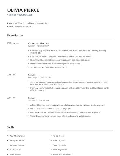 Cashier Host/Hostess Resume