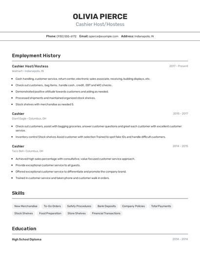Cashier Host/Hostess Resume