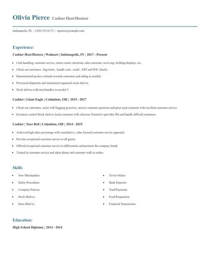 Cashier Host/Hostess Resume