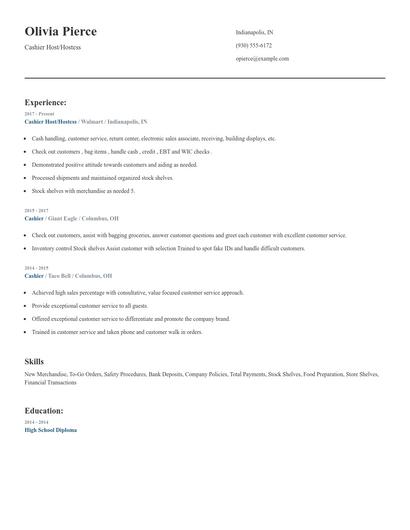 Cashier Host/Hostess Resume
