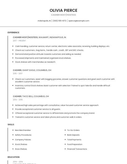 Cashier Host/Hostess Resume