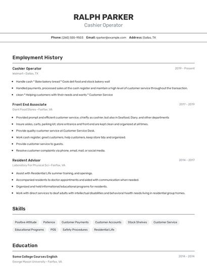Cashier Operator Resume