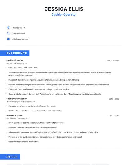 Cashier Operator Resume