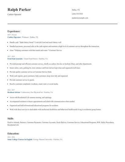 Cashier Operator Resume