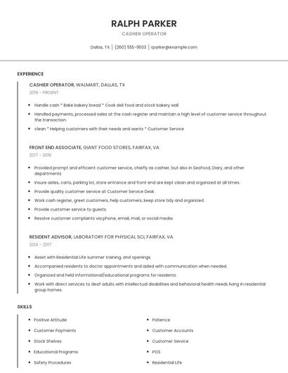 Cashier Operator Resume