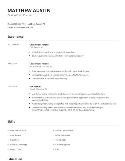 Casino Floor Person Resume