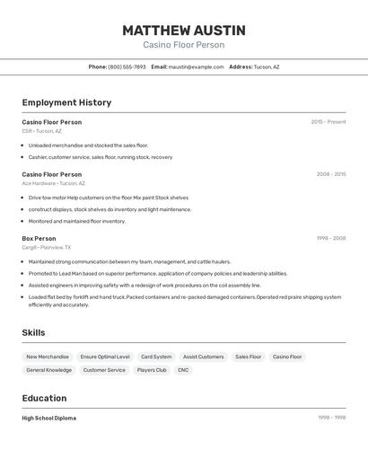 Casino Floor Person Resume