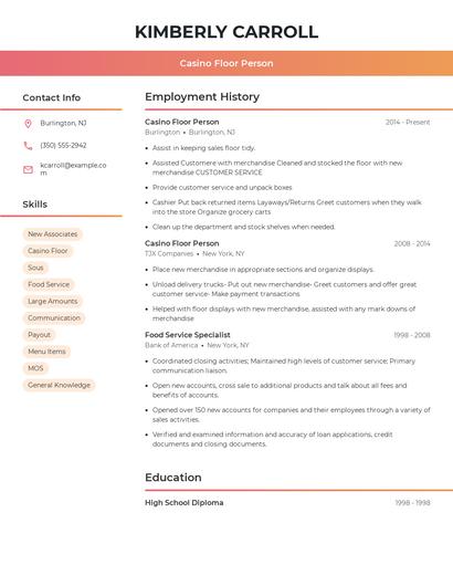 Casino Floor Person Resume