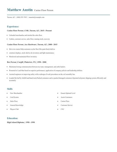 Casino Floor Person Resume
