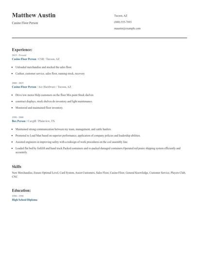 Casino Floor Person Resume