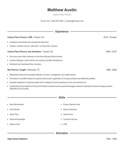 Casino Floor Person Resume