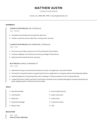 Casino Floor Person Resume