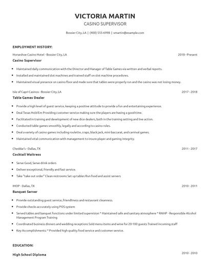 Casino Supervisor Resume