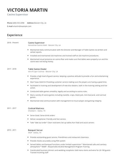 Casino Supervisor Resume