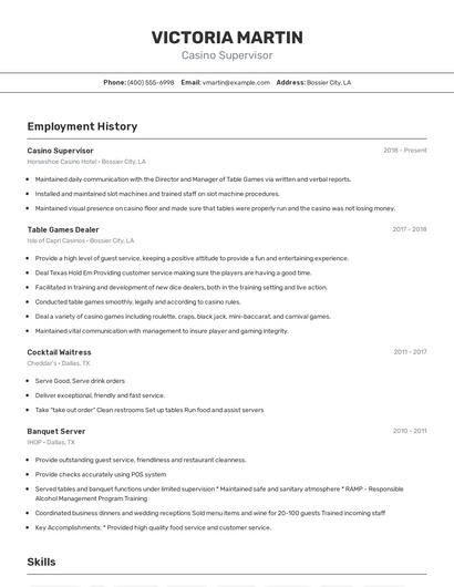 Casino Supervisor Resume
