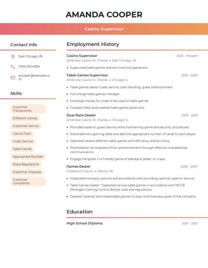 Casino Supervisor Resume