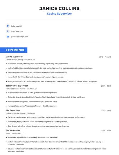 Casino Supervisor Resume