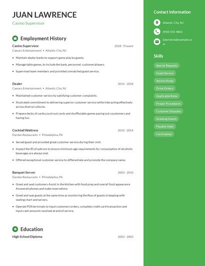 Casino Supervisor Resume