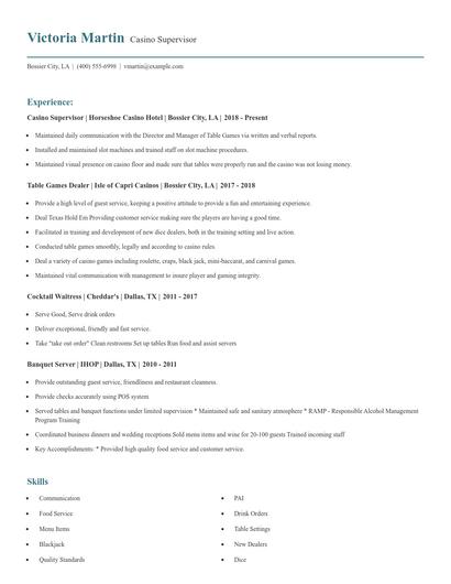 Casino Supervisor Resume
