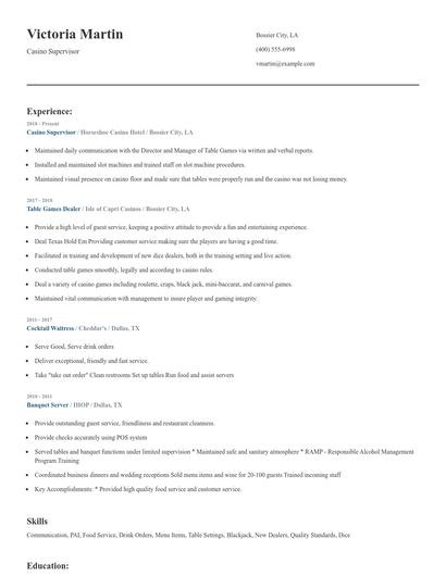 Casino Supervisor Resume