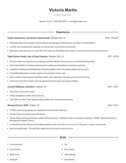 Casino Supervisor Resume