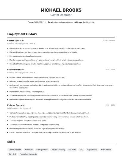 Caster Operator Resume