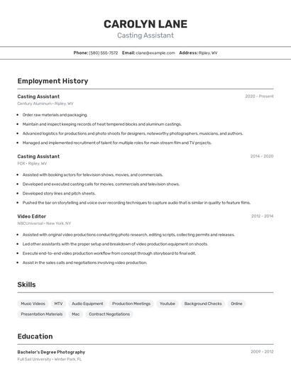 Casting Assistant Resume