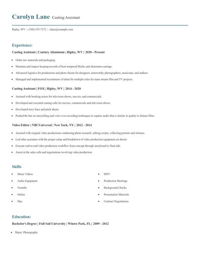 Casting Assistant Resume