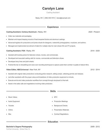 Casting Assistant Resume